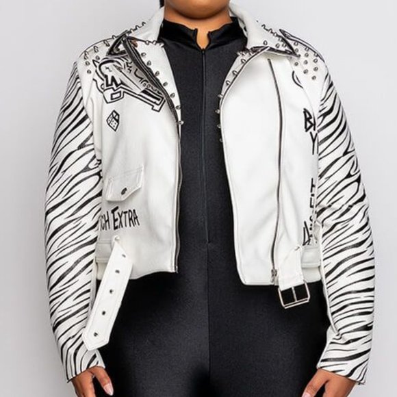 Miz Major Discorde: Zebra Winter White Moto Jacket XL - Picture 7 of 9